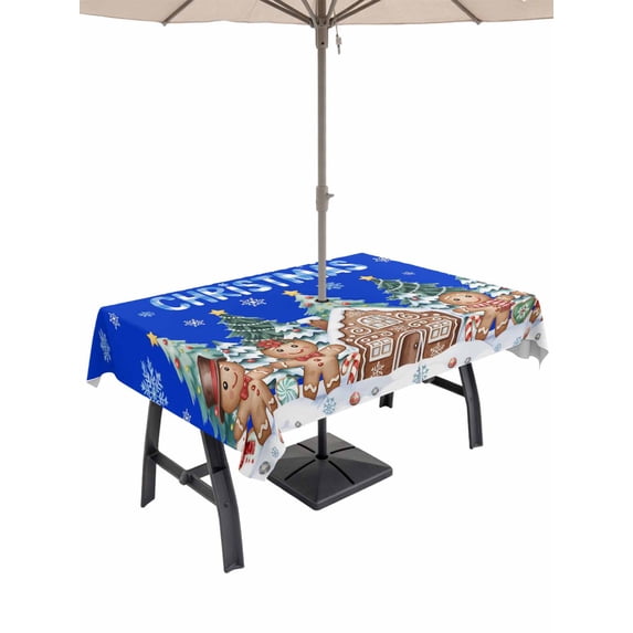 Outdoor Tablecloth with Umbrella Hole and Zipper, Gingerbread Christmas Rectangle Table Cloth 54x80 Inch Waterproof Tablecloth, Xmas Tree Snowflake Blue Picnic Table Cover for Patio Camping