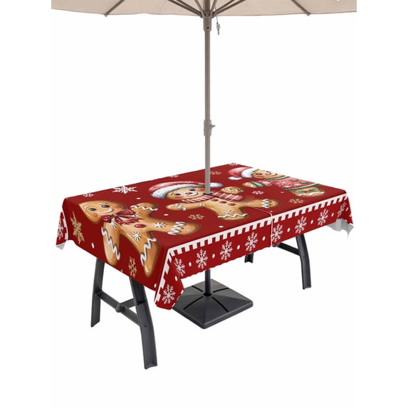 Outdoor Tablecloth with Umbrella Hole and Zipper, Gingerbread Christmas Rectangle Table Cloth 60x120 Inch Waterproof Tablecloth, Red Golden Snowflake Winter Xmas Picnic Table Cover for Patio Camping
