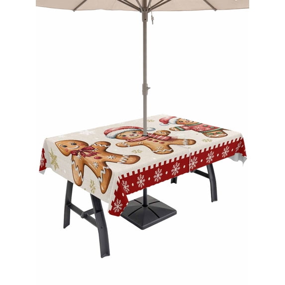 Outdoor Tablecloth with Umbrella Hole and Zipper, Gingerbread Christmas Rectangle Table Cloth 60x84 Inch Waterproof Tablecloth, Red Snowflake Golden Winter Xmas Picnic Table Cover for Patio Camping