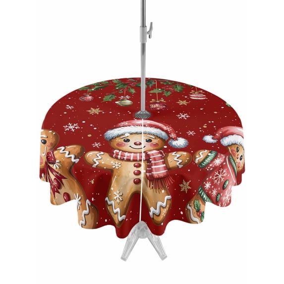 Outdoor Tablecloth with Umbrella Hole and Zipper, Gingerbread Christmas Round Table Cloth 60 Inch Waterproof Tablecloth, Xmas Balls Branches Red Picnic Table Cover for Patio Camping