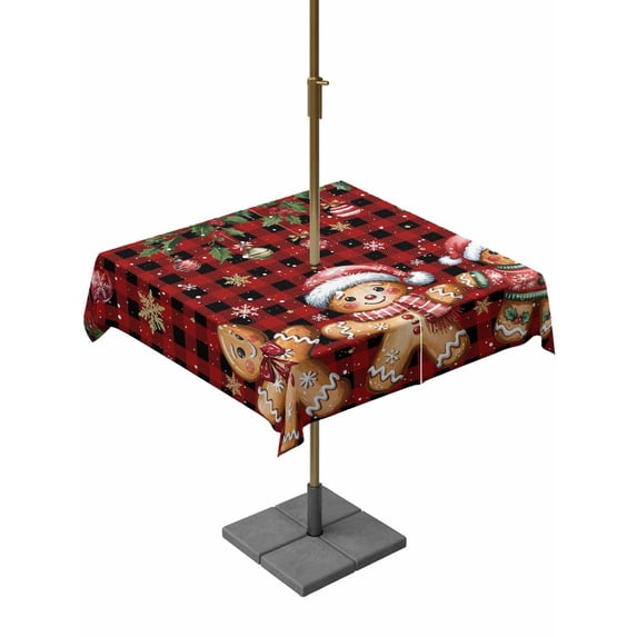 Outdoor Tablecloth with Umbrella Hole and Zipper, Gingerbread Christmas Square Table Cloth 60x60 Inch Waterproof Tablecloth, Xmas Balls Branches Red Buffalo Plaid Picnic Table Cover for Patio Camping
