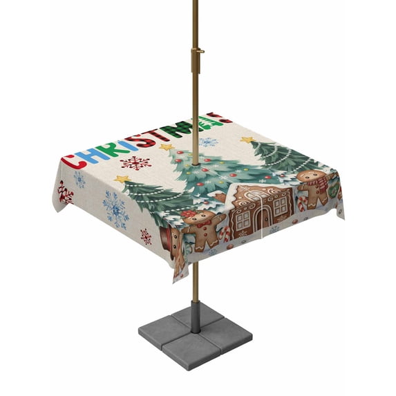 Outdoor Tablecloth with Umbrella Hole and Zipper, Gingerbread Christmas Square Table Cloth 60x60 Inch Waterproof Tablecloth, Xmas Tree Snowflake Rustic Picnic Table Cover for Patio Camping
