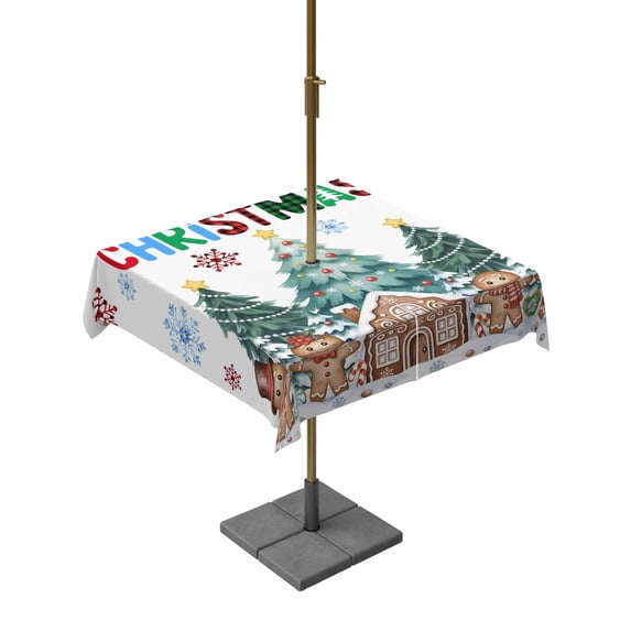 Outdoor Tablecloth with Umbrella Hole and Zipper, Gingerbread Christmas Square Table Cloth 60x60 Inch Waterproof Tablecloth, Xmas Tree Snowflake Winter Picnic Table Cover for Patio Camping