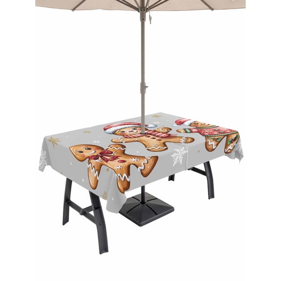 Outdoor Tablecloth with Umbrella Hole and Zipper, Gingerbread Grey Rectangle Table Cloth 60x120 Inch Waterproof Tablecloth, Christmas Winter Snowflake Picnic Table Cover for Patio Camping