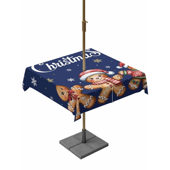 Outdoor Tablecloth with Umbrella Hole and Zipper, Gingerbread Navy Blue Square Table Cloth 60x60 Inch Waterproof Tablecloth, Christmas Winter Snowflake Picnic Table Cover for Patio Camping
