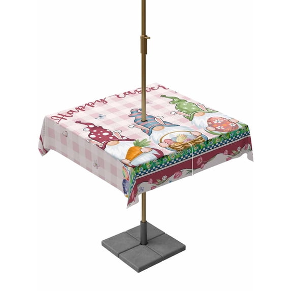 Outdoor Tablecloth with Umbrella Hole and Zipper, Gnomes Easter Square Table Cloth 54x54 Inch Waterproof Tablecloth, Eggs Tulips Spring Floral Pink Plaid Picnic Table Cover for Patio Camping