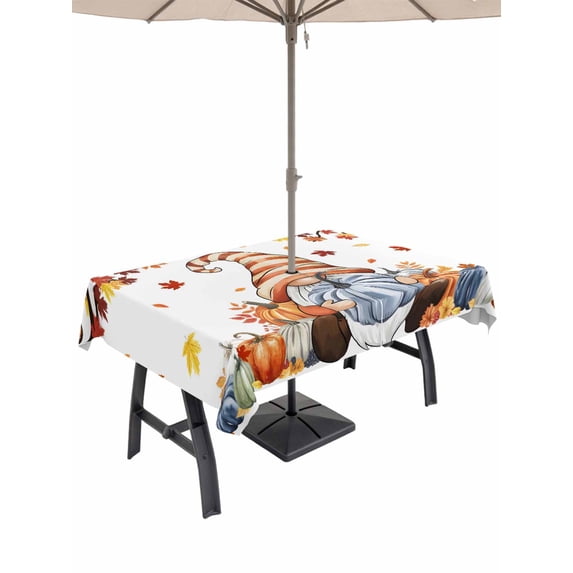 Outdoor Tablecloth with Umbrella Hole and Zipper, Gnomes Pumpkin Fall Rectangle Table Cloth 52x70 Inch Waterproof Tablecloth, Thanksgiving Branches Maple Leaf Picnic Table Cover for Patio Camping