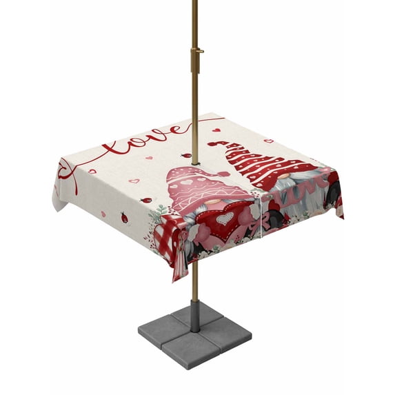 Outdoor Tablecloth with Umbrella Hole and Zipper, Gnomes Valentines Square Table Cloth 60x60 Inch Waterproof Tablecloth, Pink Red Love Heart Eucalyptus Rustic Picnic Table Cover for Patio Camping