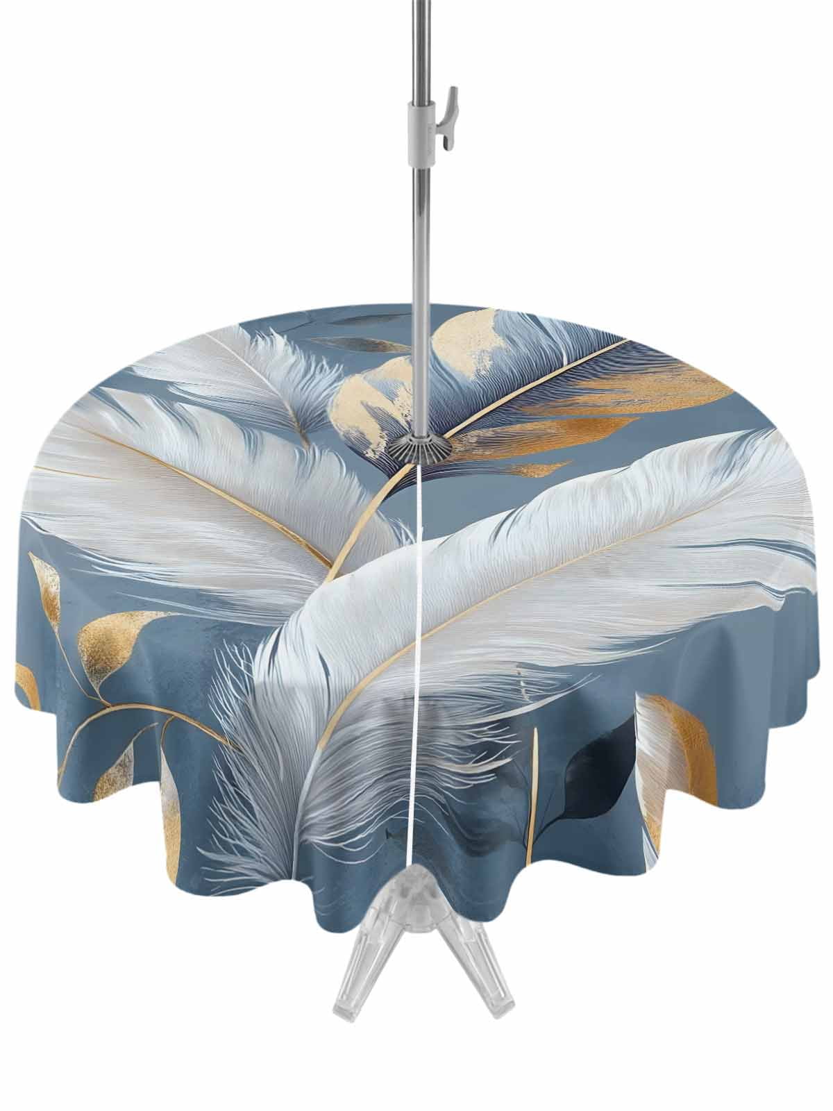 Outdoor Tablecloth with Umbrella Hole Zipper Gold White Feather Round ...