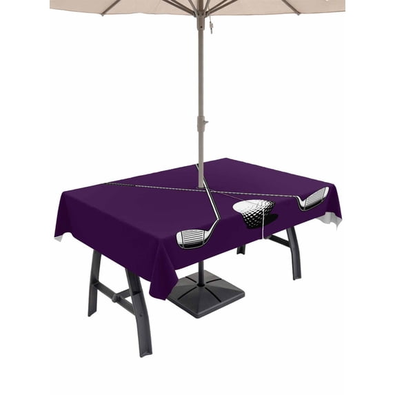 Outdoor Tablecloth with Umbrella Hole and Zipper, Golf Ball Club Rectangle Table Cloth 60x120 Inch Waterproof Tablecloth, Sports Abstract Vintage Purple Picnic Table Cover for Patio Camping