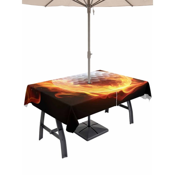Outdoor Tablecloth with Umbrella Hole and Zipper, Golf Ball Rectangle Table Cloth 52x70 Inch Waterproof Tablecloth, Sport Modern Glowing Burning Classic Art Picnic Table Cover for Patio Camping