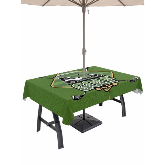 Outdoor Tablecloth with Umbrella Hole and Zipper, Golf Club Green Rectangle Table Cloth 60x102 Inch Waterproof Tablecloth, Abstract Vintage Golf Sports Picnic Table Cover for Patio Camping