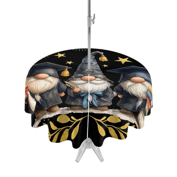 Outdoor Tablecloth with Umbrella Hole Zipper Graduation Gnomes Round Tablecloth 54" Waterproof Outside Table Cloth Stars Fireworks Botanical Black Patio Table Cover Tablecloths for Picnic Party