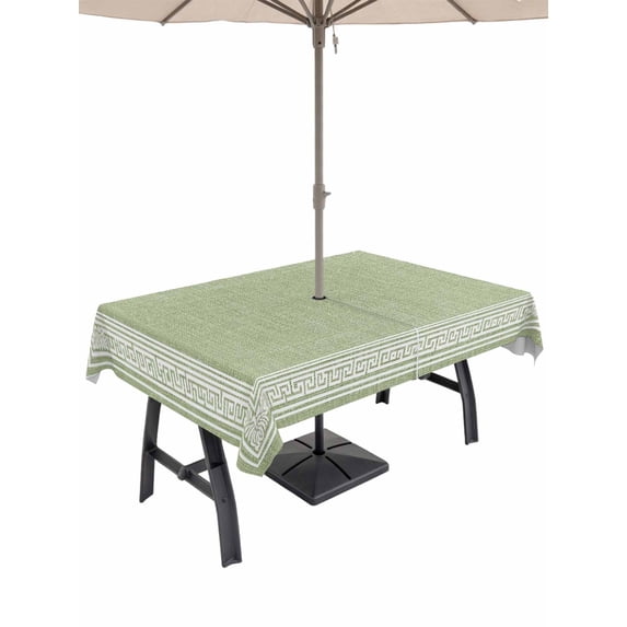Outdoor Tablecloth with Umbrella Hole and Zipper, Grass Green Retro Greek Key Rectangle Table Cloth 60x102 Inch Waterproof Tablecloth, Geometric Greece Ancient Rustic Picnic Table Cover for Patio