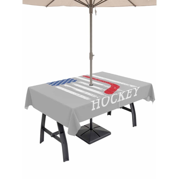 Outdoor Tablecloth with Umbrella Hole and Zipper, Gray American Flag Rectangle Table Cloth 60x120 Inch Waterproof Tablecloth, Abstract Red Hockey Stripes Us Flag Picnic Table Cover for Patio Camping