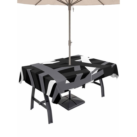 Outdoor Tablecloth with Umbrella Hole and Zipper, Gray Black Geometric Rectangle Table Cloth 60x102 Inch Waterproof Tablecloth, Modern Art Abstract Grey Line Picnic Table Cover for Patio Camping