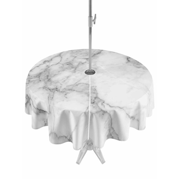 Outdoor Tablecloth with Umbrella Hole and Zipper, Gray Marble Waterproof Patio Tablecloth for Dining Round 54'', Modern Simple Gradient Abstract Patterned Wipeable Table Cover for Picnic BBQ Party