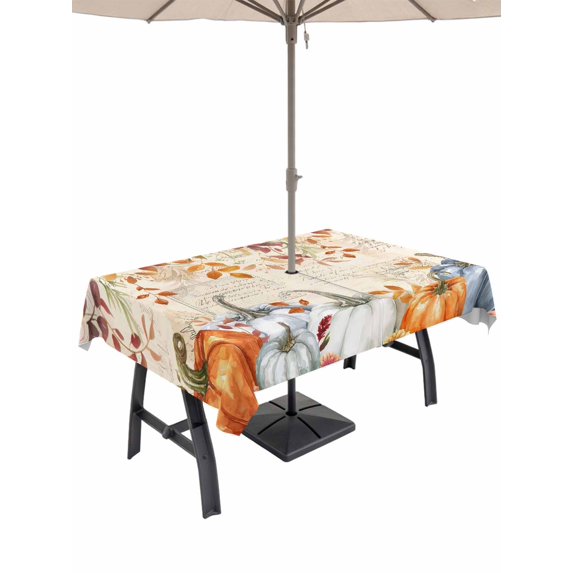 Outdoor Tablecloth with Umbrella Hole and Zipper, Gray Orange Pumpkin Fall Rectangle Table Cloth 54x80 Inch Waterproof Tablecloth, Thanksgiving Floral Leaves Retro Picnic Table Cover for Patio