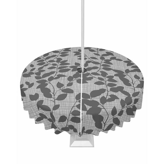 Outdoor Tablecloth with Umbrella Hole Zipper,Gray Overlay Leaves Seamless Waterproof Zippered Table Cloth for Square Tables,Abstract Leaf and Stripes Patio Table Covers for Indoor Pinic Party