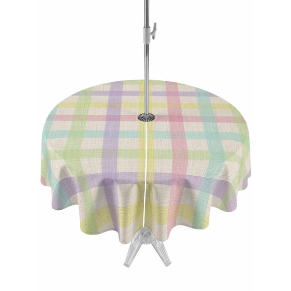Outdoor Tablecloth with Umbrella Hole and Zipper, Green Beige Plaid Round Table Cloth 54 Inch Waterproof Tablecloth, Farmhouse Art Checkered Rustic Picnic Table Cover for Patio Camping