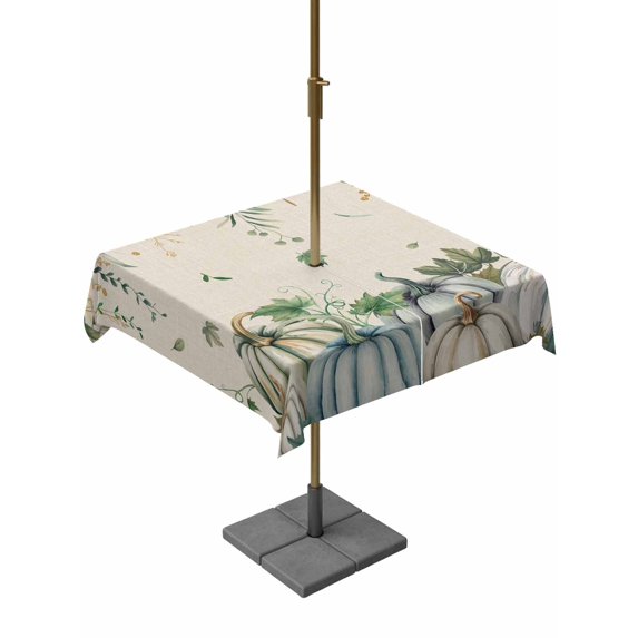 Outdoor Tablecloth with Umbrella Hole and Zipper, Green Blue Pumpkins Fall Square Table Cloth 54x54 Inch Waterproof Tablecloth, Thanksgiving Eucalyptus Leaves Rustic Picnic Table Cover for Patio
