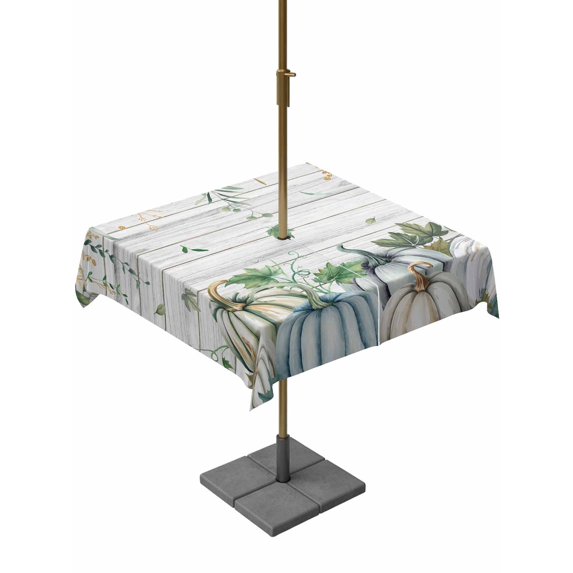Outdoor Tablecloth with Umbrella Hole and Zipper, Green Blue Pumpkins Fall Square Table Cloth 54x54 Inch Waterproof Tablecloth, Thanksgiving Eucalyptus Leaves Vintage Picnic Table Cover for Patio