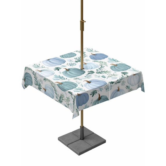 Outdoor Tablecloth with Umbrella Hole and Zipper, Green Blue Pumpkins Fall Square Table Cloth 60x60 Inch Waterproof Tablecloth, Autumn Botanical Thanksgiving Picnic Table Cover for Patio Camping