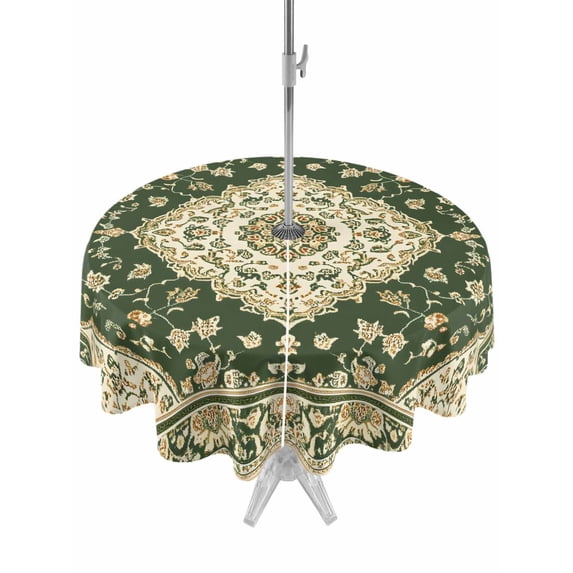Outdoor Tablecloth with Umbrella Hole Zipper Green Boho Southwestern Round Tablecloth 54" Waterproof Outside Table Cloth Antique Farmhouse Ethnic Patio Table Cover Tablecloths for Picnic Party