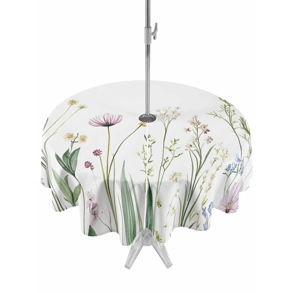 Outdoor Tablecloth with Umbrella Hole Zipper Green Botanical Floral Round Tablecloth 54" Waterproof Outside Table Cloth Spring Summer Rustic Patio Table Cover Tablecloths for Picnic Party