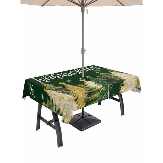 Outdoor Tablecloth with Umbrella Hole and Zipper, Green Christmas Rectangle Table Cloth 54x80 Inch Waterproof Tablecloth, Xmas Tree Snowflake Farmhouse Picnic Table Cover for Patio Camping