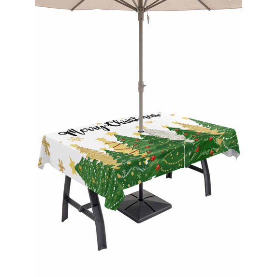 Outdoor Tablecloth with Umbrella Hole and Zipper, Green Christmas Rectangle Table Cloth 60x120 Inch Waterproof Tablecloth, Xmas Tree Snowflake Stars Winter Picnic Table Cover for Patio Camping