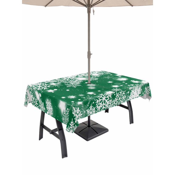 Outdoor Tablecloth with Umbrella Hole and Zipper, Green Christmas Snowflakes Rectangle Table Cloth 60x120 Inch Waterproof Tablecloth, Xmas Winter Textured Picnic Table Cover for Patio Camping