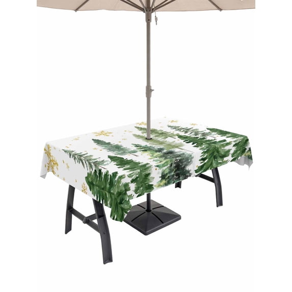 Outdoor Tablecloth with Umbrella Hole and Zipper, Green Christmas Tree Rectangle Table Cloth 52x70 Inch Waterproof Tablecloth, Winter Watercolor Gold Snowflakes Picnic Table Cover for Patio Camping