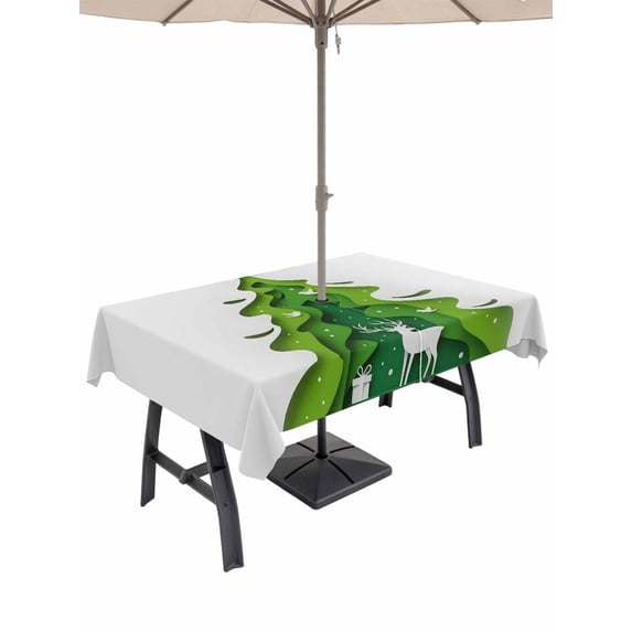 Outdoor Tablecloth with Umbrella Hole and Zipper, Green Christmas Tree Rectangle Table Cloth 54x80 Inch Waterproof Tablecloth, Xmas Reindeer Modern Abstract Art Picnic Table Cover for Patio Camping