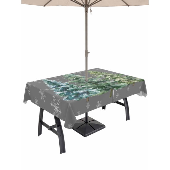 Outdoor Tablecloth with Umbrella Hole and Zipper, Green Christmas Tree Rectangle Table Cloth 60x102 Inch Waterproof Tablecloth, Winter Snowflakes Grey Watercolor Pine Picnic Table Cover for Patio