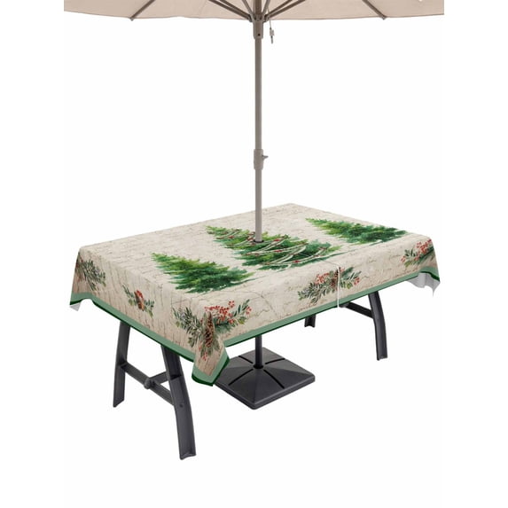 Outdoor Tablecloth with Umbrella Hole and Zipper, Green Christmas Tree Rectangle Table Cloth 60x102 Inch Waterproof Tablecloth, Xmas Botanical Berry Snowflake Picnic Table Cover for Patio Camping
