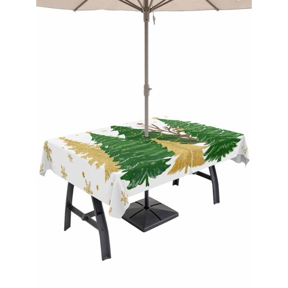 Outdoor Tablecloth with Umbrella Hole and Zipper, Green Christmas Tree Rectangle Table Cloth 60x84 Inch Waterproof Tablecloth, Golden Xmas Tree Winter Snowflake Picnic Table Cover for Patio Camping