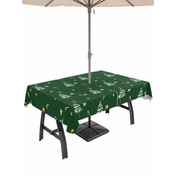 Outdoor Tablecloth with Umbrella Hole and Zipper, Green Christmas Tree Rectangle Table Cloth 60x84 Inch Waterproof Tablecloth, Winter Cane Candy Xmas Pine Stars Picnic Table Cover for Patio Camping