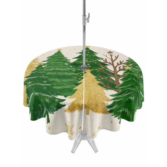 Outdoor Tablecloth with Umbrella Hole and Zipper, Green Christmas Tree Round Table Cloth 54 Inch Waterproof Tablecloth, Golden Xmas Tree Winter Snowflake Rustic Picnic Table Cover for Patio Camping