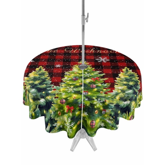 Outdoor Tablecloth with Umbrella Hole and Zipper, Green Christmas Tree Round Table Cloth 54 Inch Waterproof Tablecloth, Xmas Tree Snowflake Winter Red Plaid Picnic Table Cover for Patio Camping