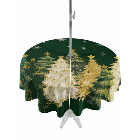 Outdoor Tablecloth with Umbrella Hole and Zipper, Green Christmas Tree Round Table Cloth 54 Inch Waterproof Tablecloth, Xmas Tree Winter Snowflake Picnic Table Cover for Patio Camping