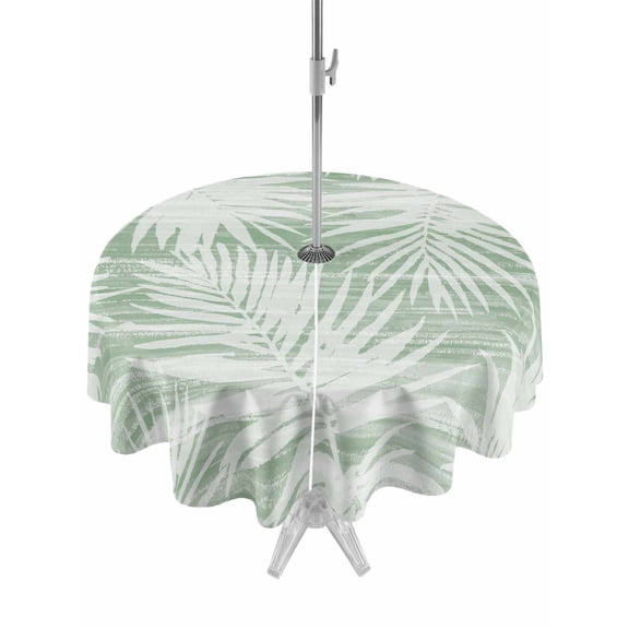 Outdoor Tablecloth with Umbrella Hole & Zipper, Green Coastal Palm Leaves Round Tablecloth 54 Inch, Summer Botanical Tropical Patio Table Cover Waterproof Table Cloth for Picnic/Party