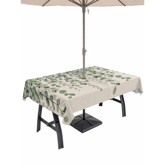 Outdoor Tablecloth with Umbrella Hole and Zipper, Green Eucalyptus Leaves Rectangle Table Cloth 52x70 Inch Waterproof Tablecloth, Summer Botanical Weeping Rustic Picnic Table Cover for Patio Camping