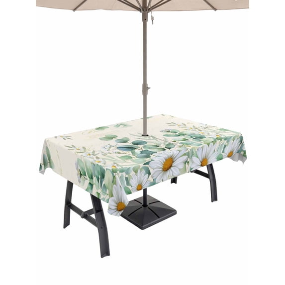 Outdoor Tablecloth with Umbrella Hole and Zipper, Green Eucalyptus Leaves Rectangle Table Cloth 60x102 Inch Waterproof Tablecloth, Daisy Summer Botanical Farmhouse Picnic Table Cover for Patio
