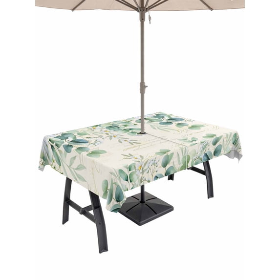 Outdoor Tablecloth with Umbrella Hole and Zipper, Green Eucalyptus Leaves Rectangle Table Cloth 60x102 Inch Waterproof Tablecloth, Spring Daily Flowers Plants Beige Picnic Table Cover for Patio
