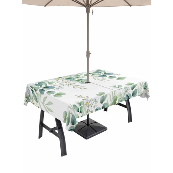 Outdoor Tablecloth with Umbrella Hole and Zipper, Green Eucalyptus Leaves Rectangle Table Cloth 60x102 Inch Waterproof Tablecloth, Summer Botanical Daisy Floral Picnic Table Cover for Patio Camping