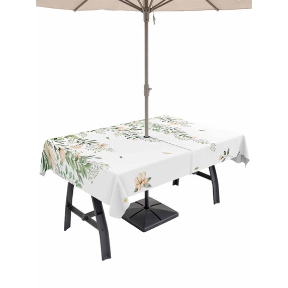 Outdoor Tablecloth with Umbrella Hole and Zipper, Green Eucalyptus Leaves Rectangle Table Cloth 60x120 Inch Waterproof Tablecloth, Spring Floral Weeping Farmhouse Picnic Table Cover for Patio Camping