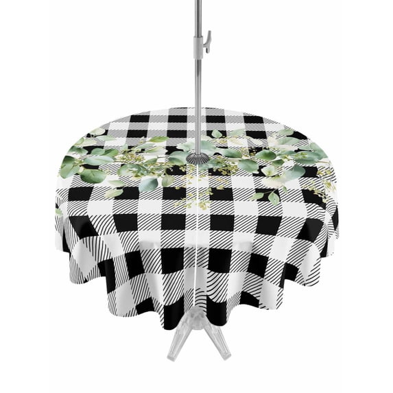 Outdoor Tablecloth with Umbrella Hole and Zipper, Green Eucalyptus Leaves Round Table Cloth 54 Inch Waterproof Tablecloth, Black White Plaid Farmhouse Watercolor Picnic Table Cover for Patio Camping