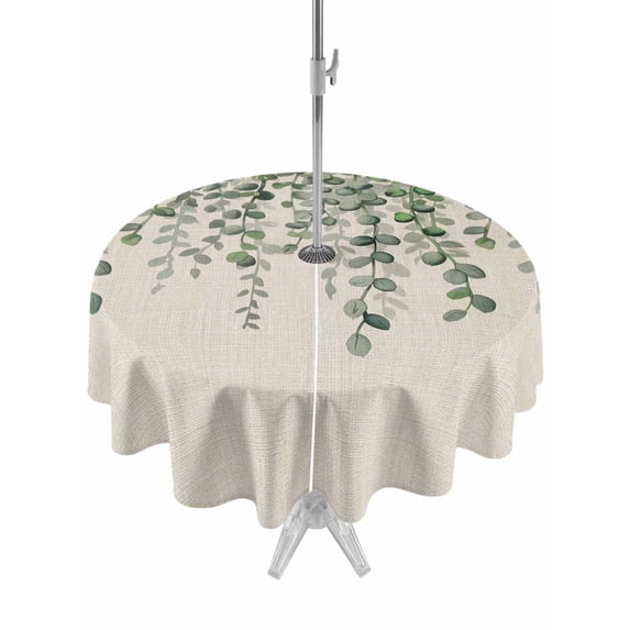 Outdoor Tablecloth with Umbrella Hole and Zipper, Green Eucalyptus Leaves Round Table Cloth 60 Inch Waterproof Tablecloth, Summer Botanical Weeping Rustic Picnic Table Cover for Patio Camping