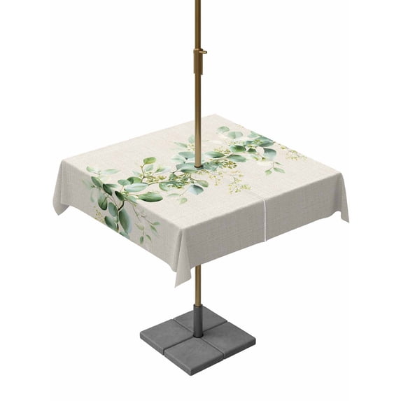 Outdoor Tablecloth with Umbrella Hole and Zipper, Green Eucalyptus Leaves Square Table Cloth 60x60 Inch Waterproof Tablecloth, Vintage Art Farmhouse Rustic Picnic Table Cover for Patio Camping